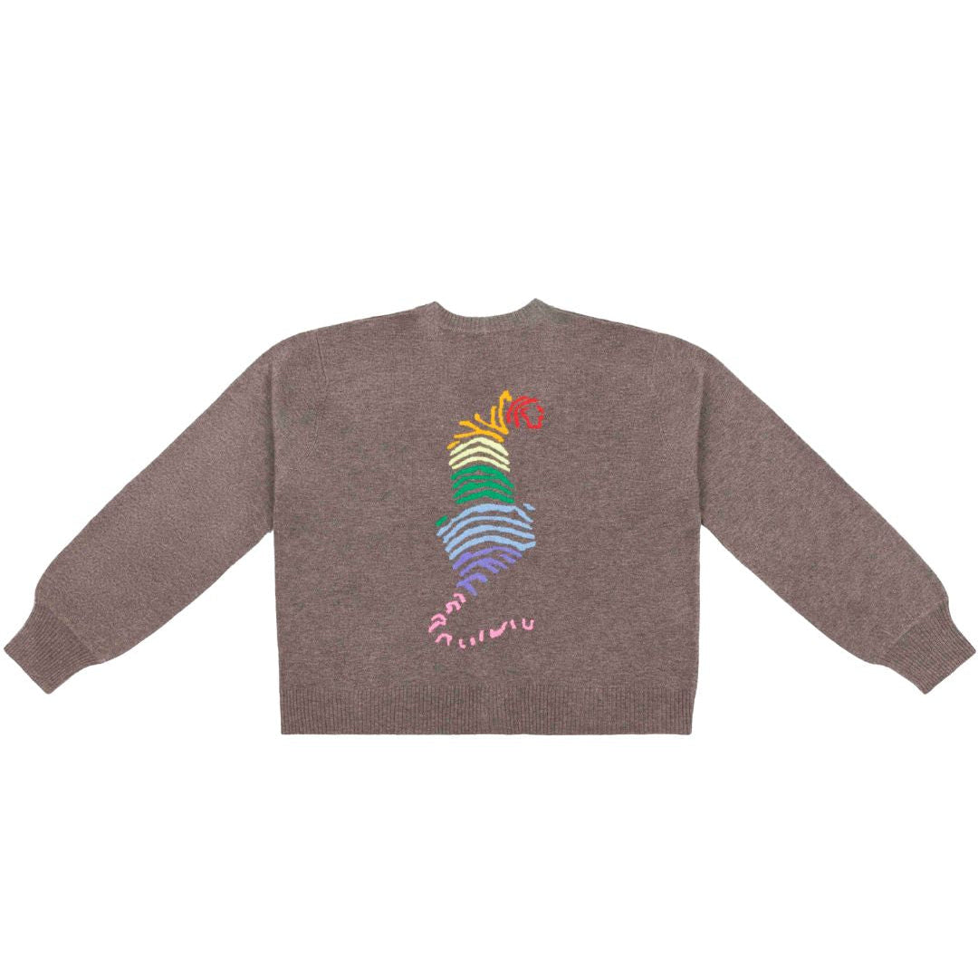 Brown cardigan with rainbow tiger design on the back against a white background