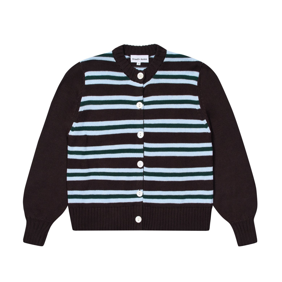 A cotton knit cardigan in dark brown with long sleeves and a striped body featuring horizontal light blue and dark green fine stripes