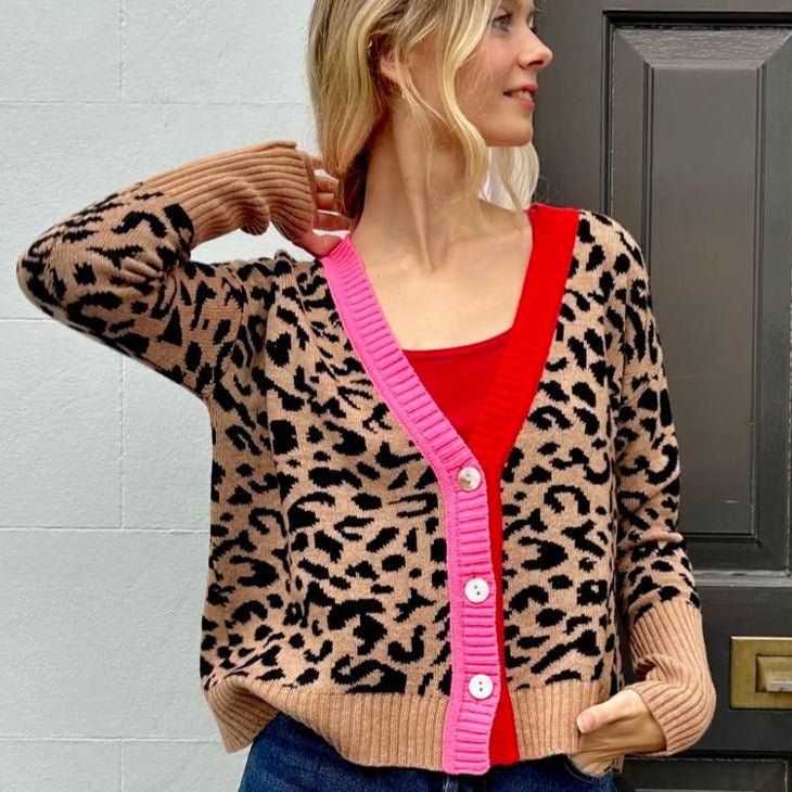 Leopard Print Cashmere Blend Cardigan Pink and Red - Orwell + Austen
