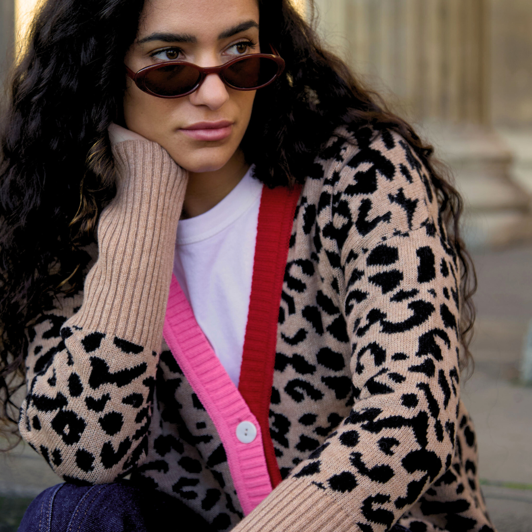 Leopard Print Cashmere Blend Cardigan Pink and Red