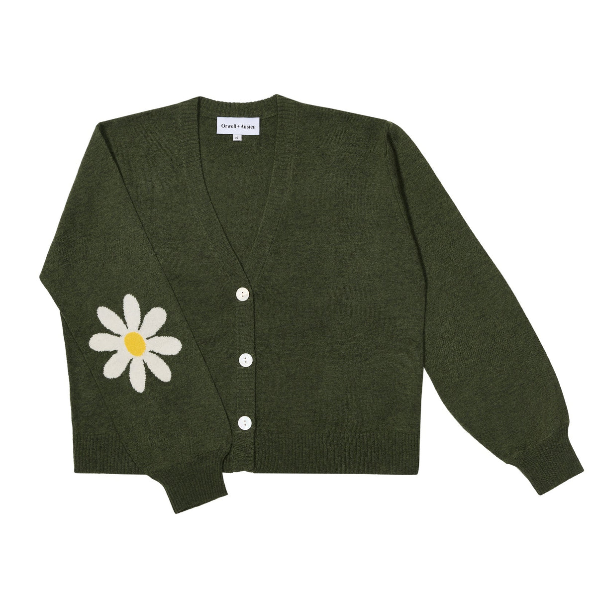 An olive green knit cardigan sweater featuring a large white daisy with a yellow center on the left sleeve, three white buttons, and a white brand label at the collar.