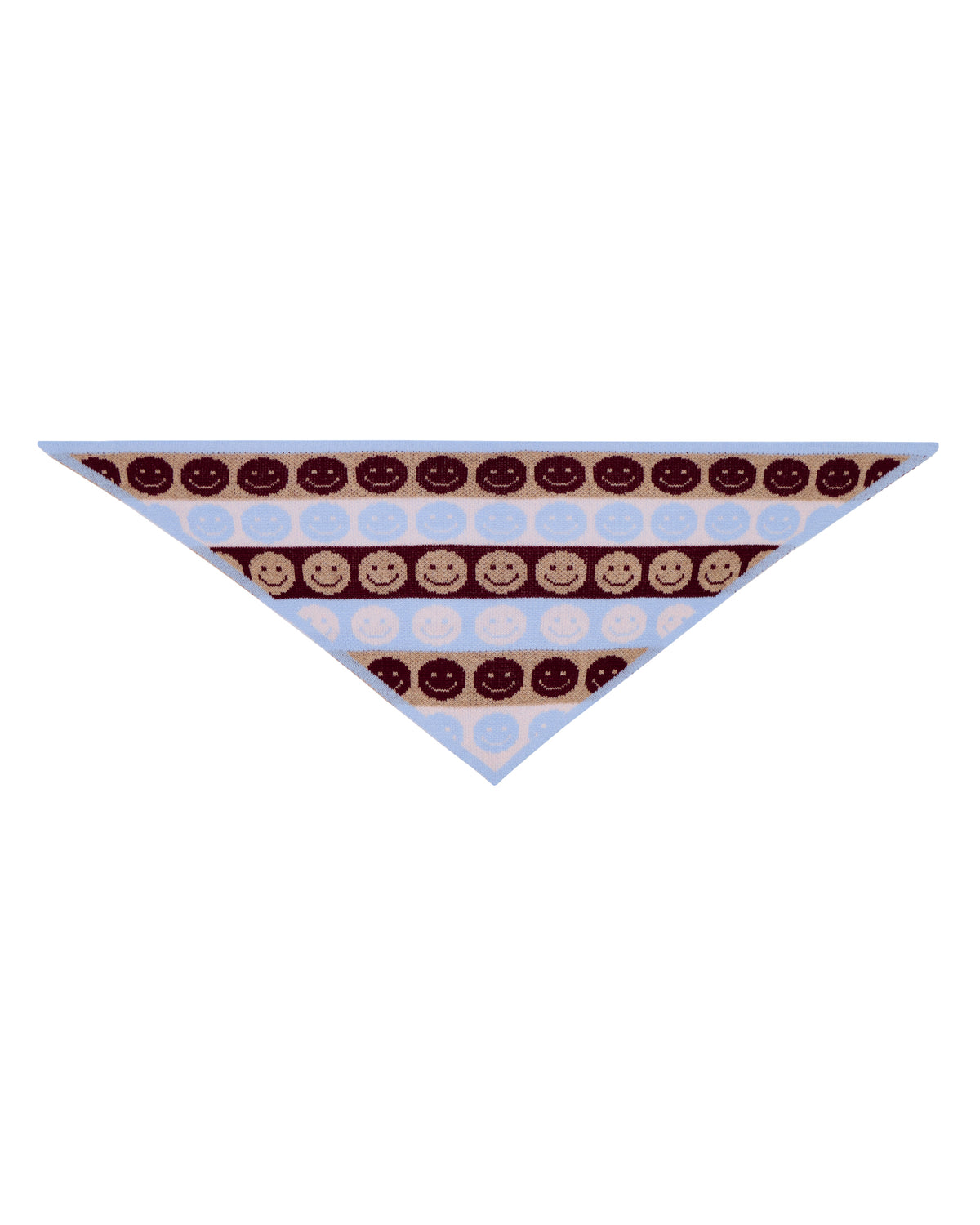 A triangular bandana featuring a pattern of rows of smile faces on a light blue background, isolated on a white background.